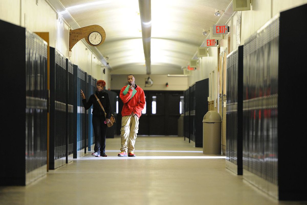 Students walk through the halls at the Career Technology Center at Arsenal Technical High School.