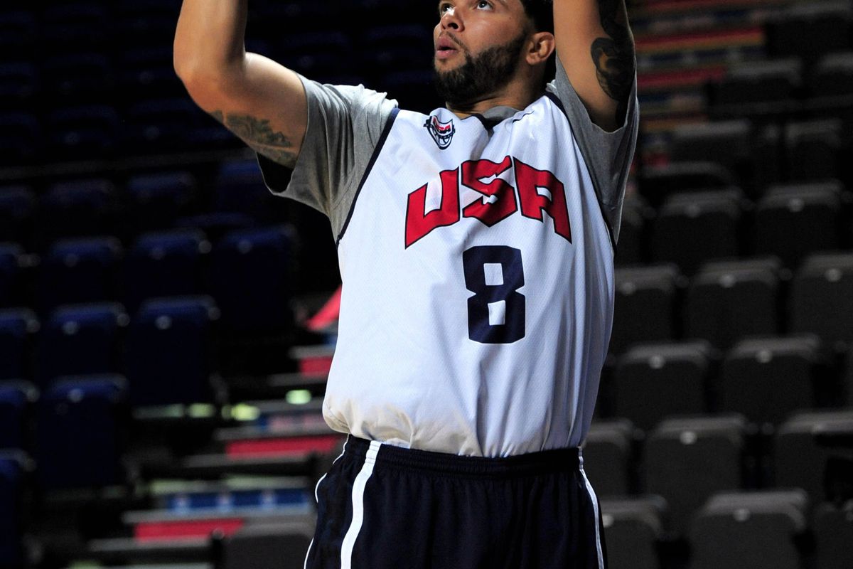 July 18, 2012; Manchester, UNITED KINGDOM; United States guard Deron Williams (8) during training for the 2012 London Olympic Games warm-up match against Great Britain at the Manchester Evening News Arena.  Mandatory Credit: Joe Toth-US PRESSWIRE