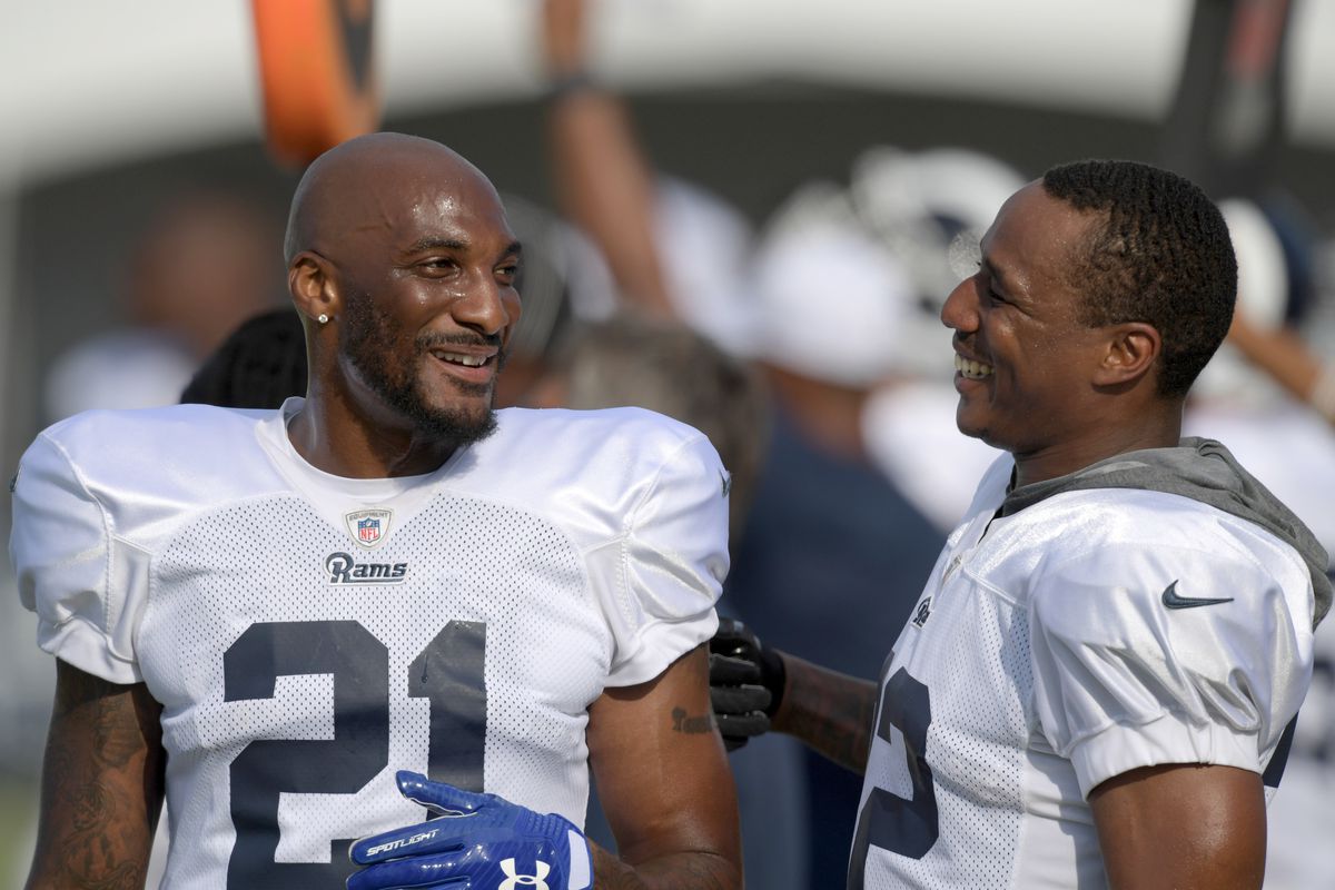 Los Angeles Rams CB Aqib Talib and CB Marcus Peters share a laugh at training camp at UC Irvine, Jul. 30, 2019.