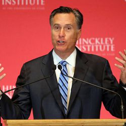 Mitt Romney, former governor of Massachusetts, addresses the Hinckley Institute of Politics regarding the state of the 2016 presidential race during a speech at the University of Utah in Salt Lake City on Thursday, March 3, 2016. 