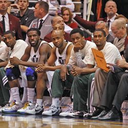 The Jazz bench is somber while Utah Jazz are defeated by the Oklahoma City Thunder 90-80 as they play NBA basketball Tuesday, April 9, 2013, in Salt Lake City.