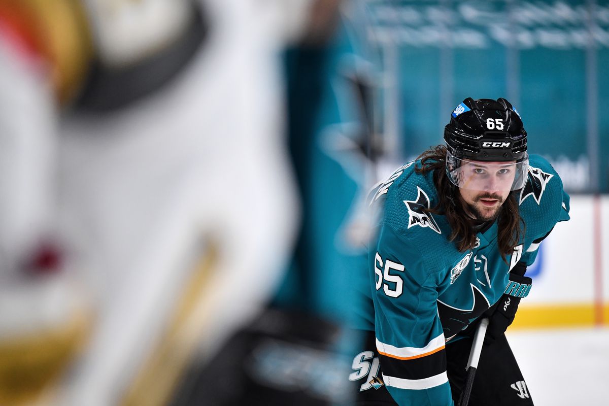 Erik Karlsson #65 of the San Jose Sharks waits for the play against the Vegas Golden Knights at SAP Center on February 13, 2021 in San Jose, California.