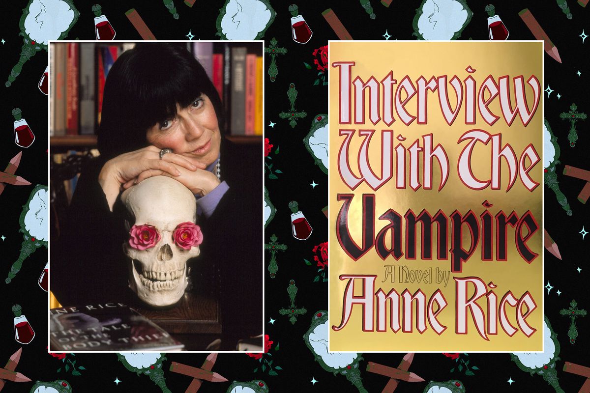 A portrait of Anne Rice leaning on a skull next to the cover of Interview with a Vampire