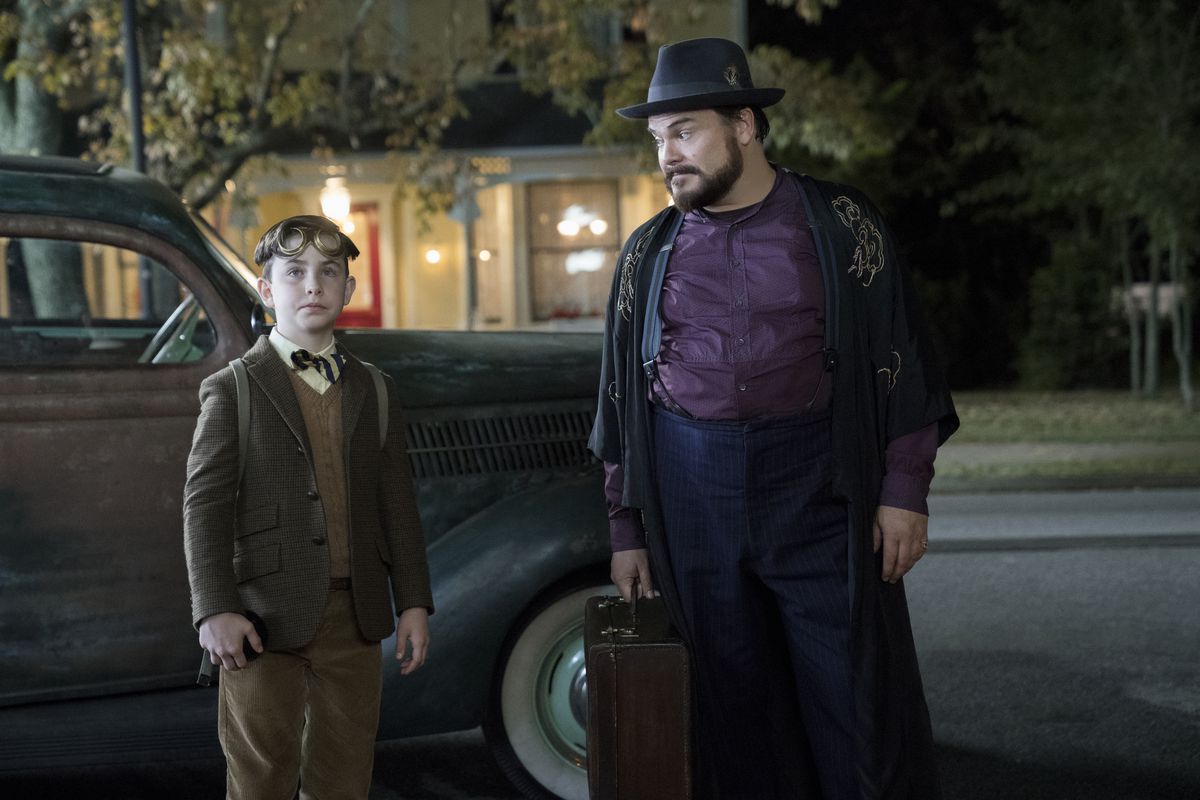 Lewis Barnavelt (Owen Vaccaro) sees the home of his Uncle Jonathan (Jack Black) for the first time in "The House With a Clock in Its Walls."