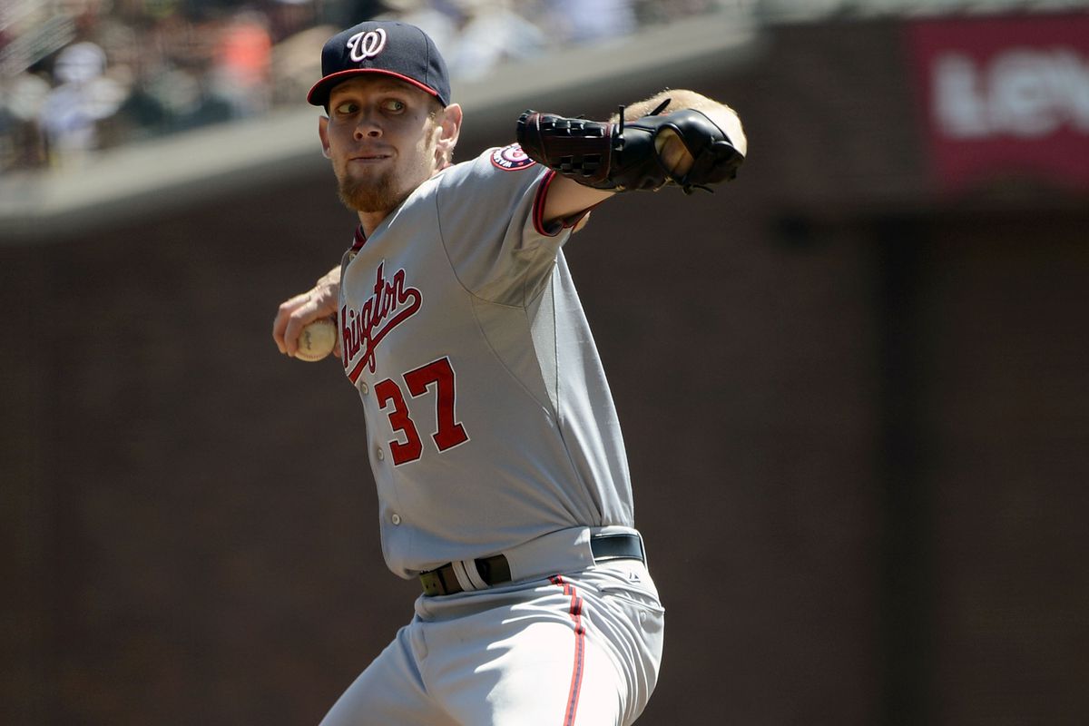 SAN FRANCISCO, CA - AUGUST 15:  Stephen Strasburg #37 of the Washington Nationals pitches against the San Francisco Giants at AT&T Park on August 15, 2012 in San Francisco, California.  (Photo by Thearon W. Henderson/Getty Images)