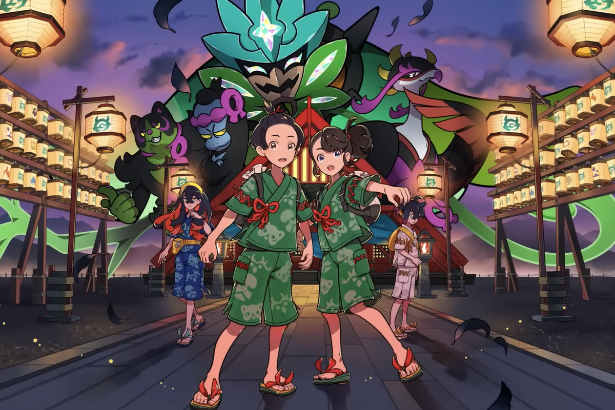 Two trainers stand in a street in key art for Scarlet and Violet DLC.