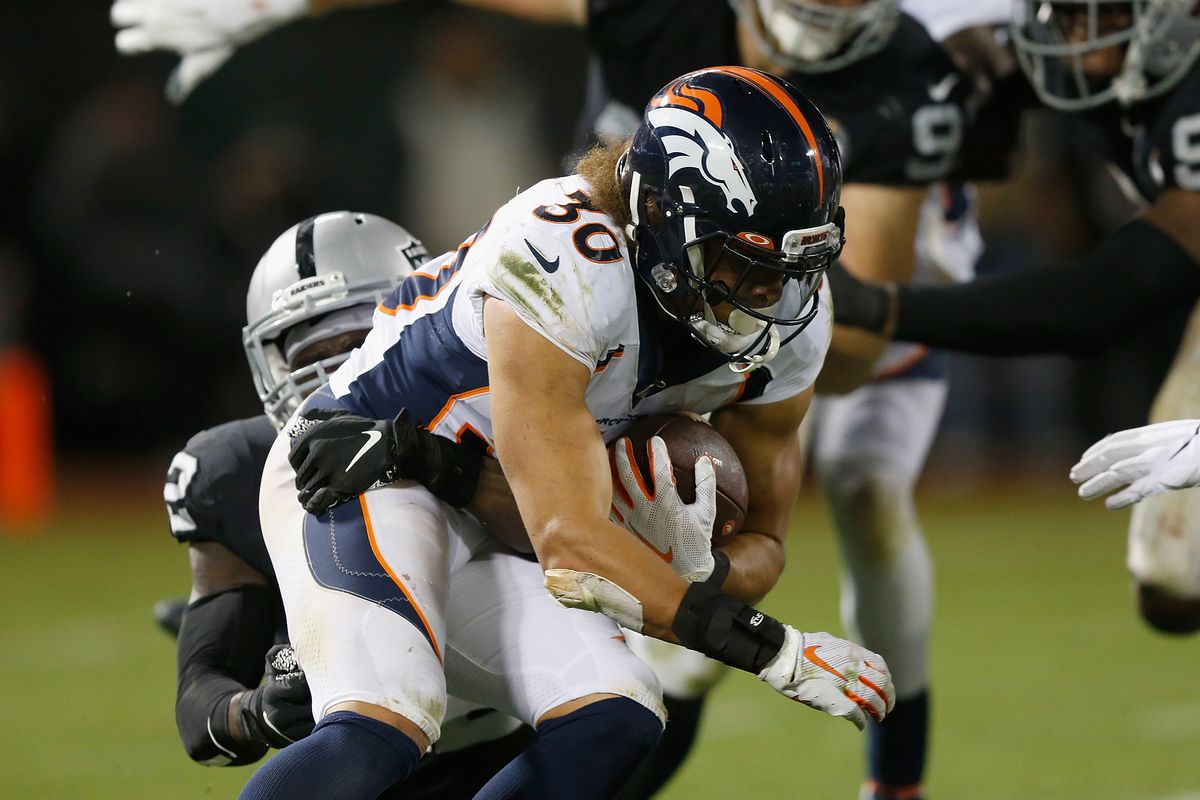 Phillip Lindsay of the Denver Broncos runs with the ball in the second half against the Oakland Raiders at RingCentral Coliseum on September 09, 2019 in Oakland, California.