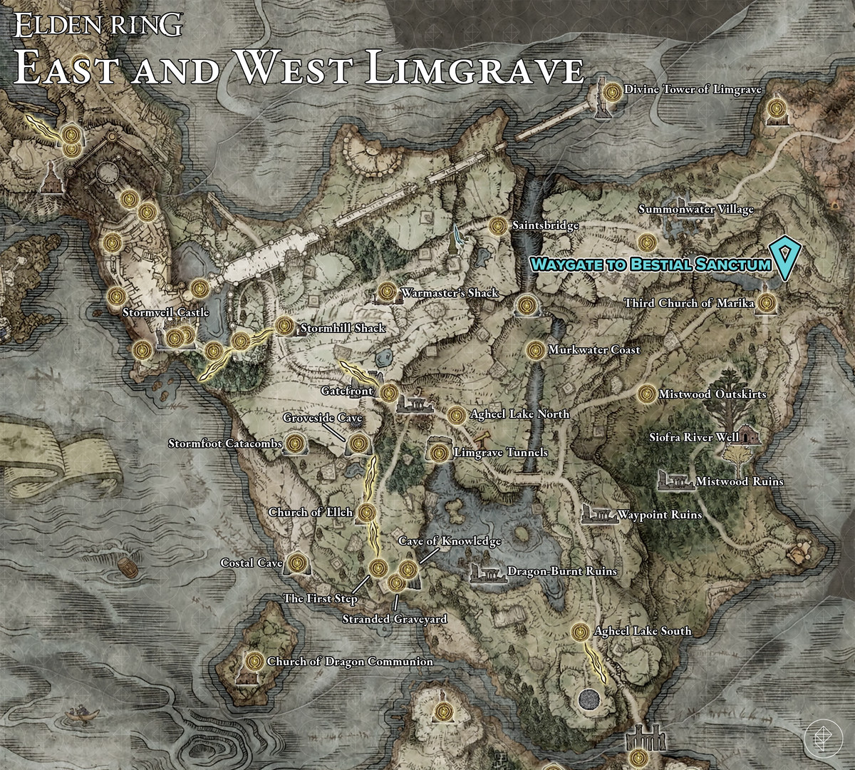 A map of Limgrave's Elden Ring with pins marking the location of the Beast Sanctuary gates.