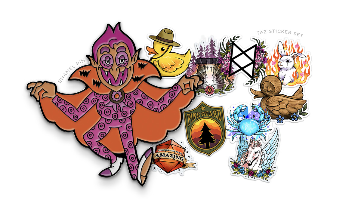 The June McElroy merch items. On the left is an enamel pin of Count Donut. He has pink hair and a pink donut patterned suit, an orange cape with bats on it, and donut shaped eyes. On the right are nine illustrated TAZ stickers. There’s a yellow duck in a hat, a stone archway, a rune surrounded by flowers, a rabbit surrounded by flames, a wooden duck, a blue crab, a pineguard patch, an orange d20, and a white horse with blue wings.