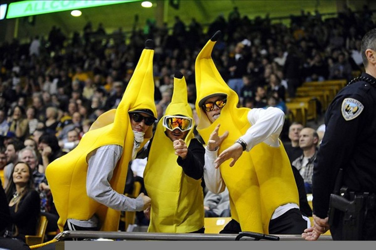 Feb 23, 2012; Boulder,CO,USA; Colorado Buffaloes fans pose for a photo during the second half of the game against the Stanford Cardinals at the Coors Events Center. The Cardinals defeated the Buffaloes 74-50. Mandatory Credit: Ron Chenoy-US PRESSWIRE