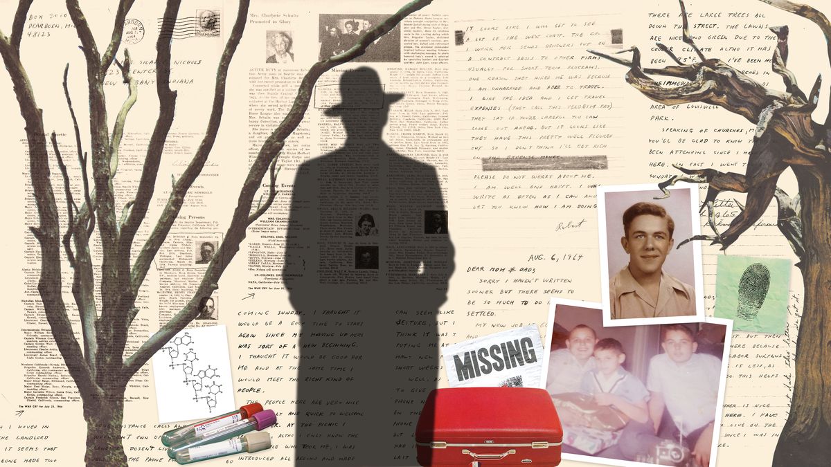 A photo illustration of a silhouetted figure against a backdrop of writings and 1960’s-era photos.