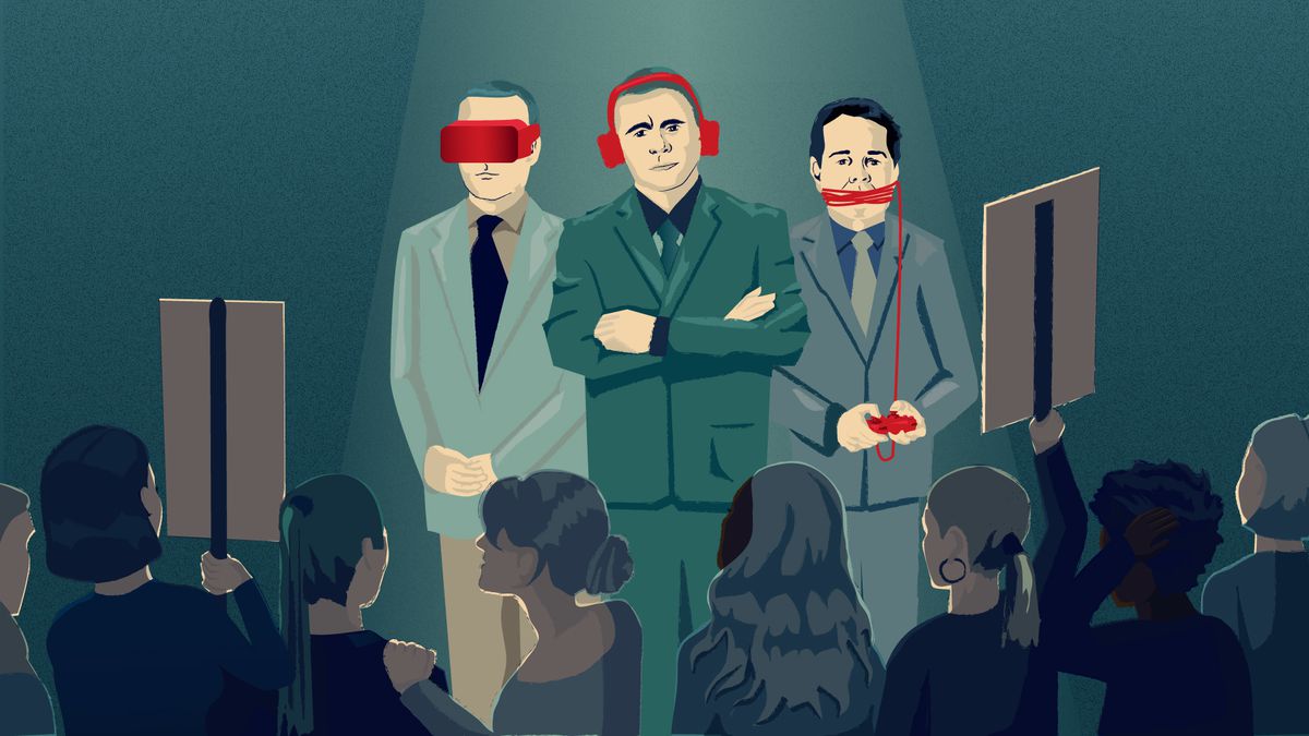 illustration of three white men — one in a VR headset, one with headphones, and one muzzled by the cable of a game controller — being protested by women