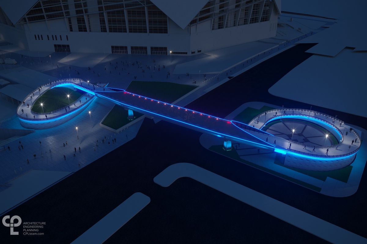 A rendering of the new Mercedes Benz Stadium bridge at night.