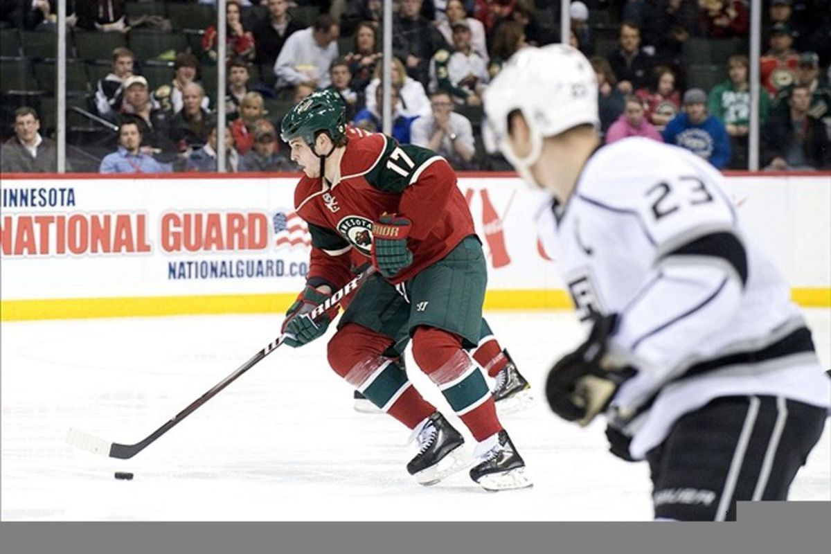 FEB 28, 2012; Minneapolis, MN, USA;  Minnesota Wild forward Nick Palmieri (17) brings the puck up ice in the second half against the Los Angeles Kings at Xcel Energy Center.  Mandatory Credit: Marilyn Indahl-US PRESSWIRE