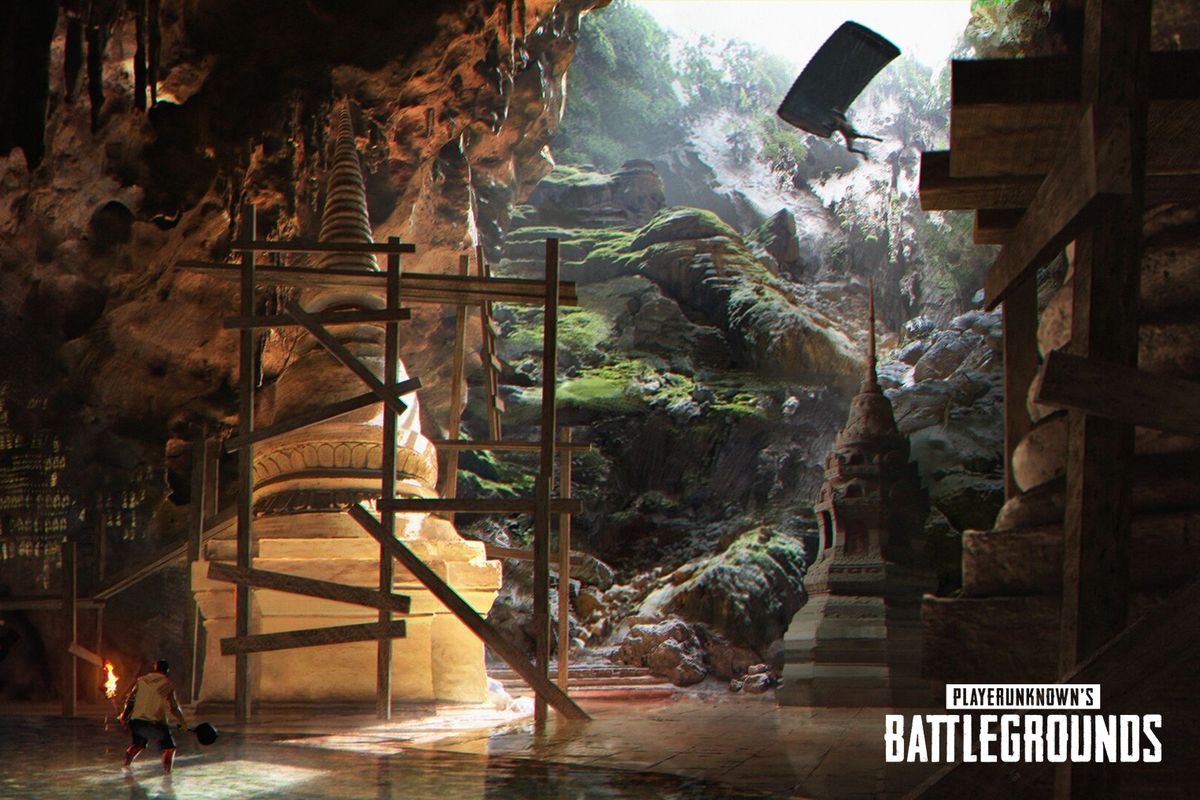 Concept art showing a player parachuting into the entrance (or exit) of an ambitious cave system being built into PlayerUnknown’s Battlegrounds newest map, Savage.
