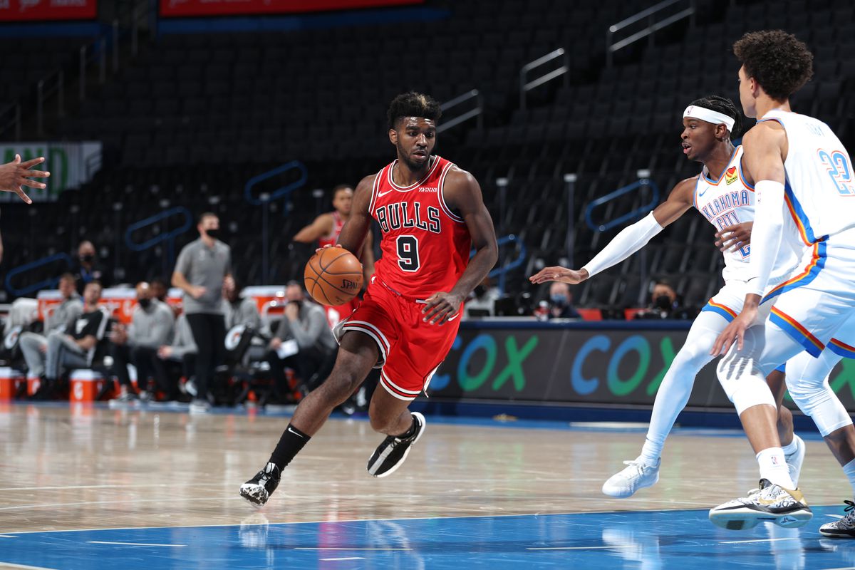 Patrick Williams of the Chicago Bulls drives to the basket against the Oklahoma City Thunder during a preseason game on December 16, 2020 at Chesapeake Energy Arena in Oklahoma City, Oklahoma.&nbsp;
