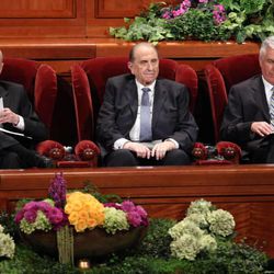 First Counselor Henry B. Eyring, President Thomas S. Monson and Second Counselor Dieter F. Uchtdorf attend the afternoon session of the 183rd Annual General Conference of The Church of Jesus Christ of Latter-day Saints in the Conference Center in Salt Lake City on Sunday, April 7, 2013. 