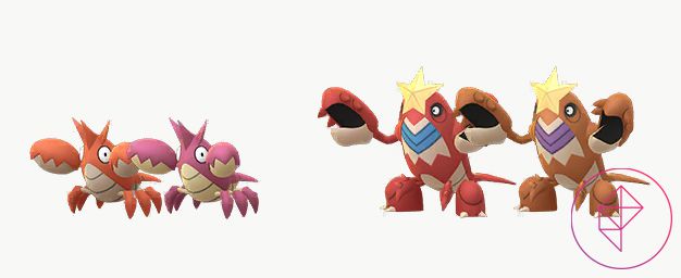 Shiny Corphish y Crawdaunt con sus formas habituales en Pokémon Go.  Ambos Pokémon se vuelven de un tono diferente de rojo: Corphish se vuelve de un rosa intenso y Crawdaunt se vuelve más naranja.