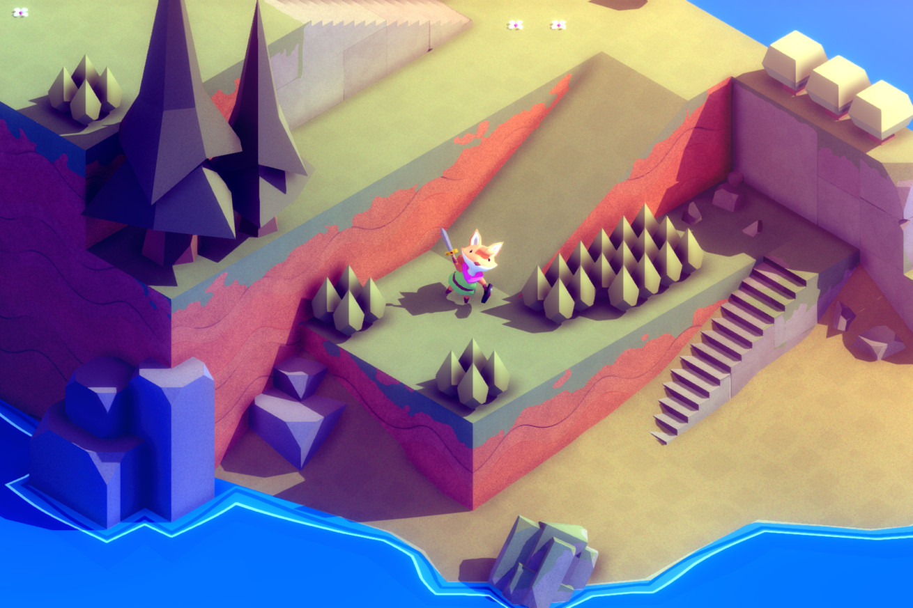 In a screenshot from Tunic, the main character stands with his sword raised on a blocky patch of land.