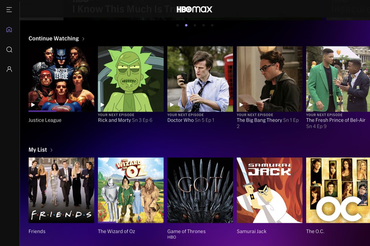 The HBO Max home screen and My List functions
