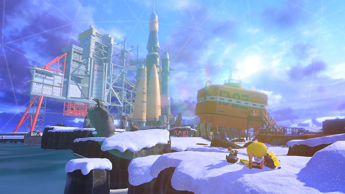 an image of an inkling sitting on the snow as they look onto the scenery of Alterna in Splatoon 3