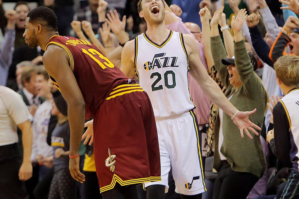Utah Jazz Gordon Hayward celebrates hitting the game winning shot over Cleveland Cavaliers Tristan Thompson as the Jazz and the Cavaliers play Wednesday, Nov. 5, 2014, at EnergySolutions Arena in Salt Lake City. Jazz win 102-100 win. 