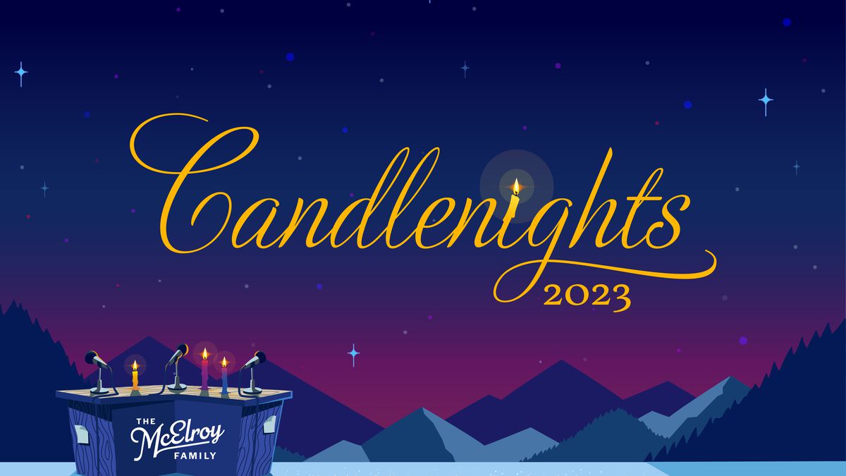 Gold script text reads: “Candlenights 2023” Text is superimposed on an illustrated background of a blue and purple twilight sky over blue mountains.  