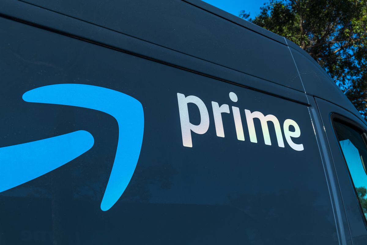 An Amazon delivery truck with the “Prime” logo.