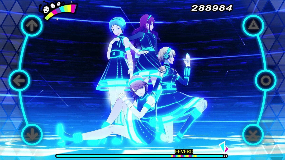 Four characters from Persona 3: Dancing in Moonlight dance in a Tron-like images as button prompts appear