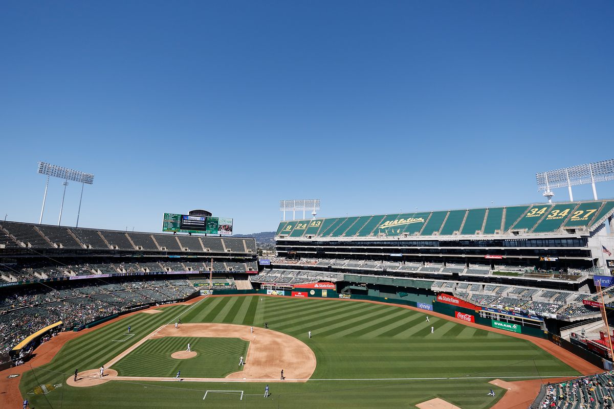 A general view of the game between the Oakland Athletics and the Toronto Blue Jays at RingCentral Coliseum on September 04, 2023 in Oakland, California.