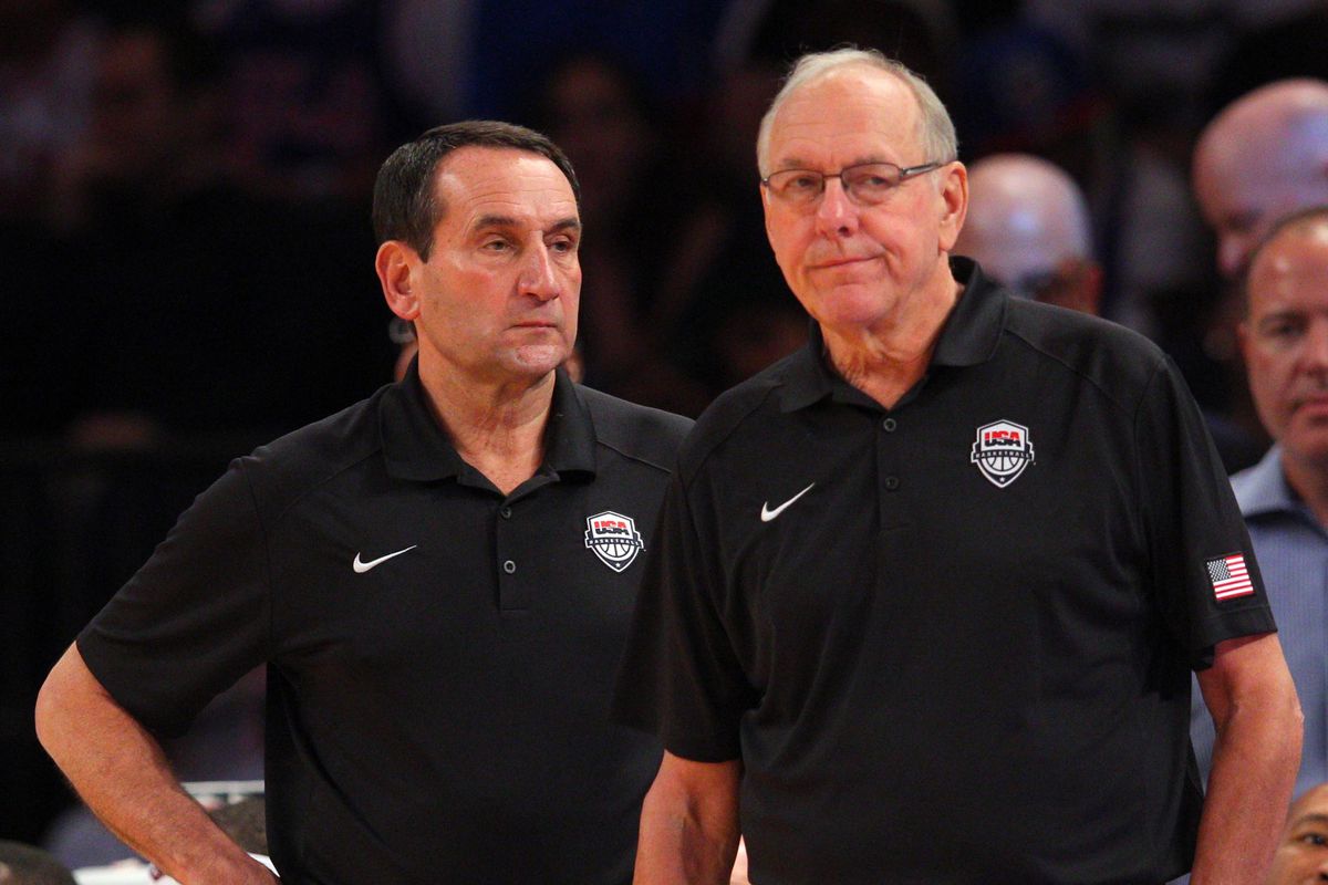 New York, NY, USA; United States head coach Mike Krzyzewski and assistant coach Jim Boeheim look on against the Dominican Republic during the second quarter of a game at Madison Square Garden.