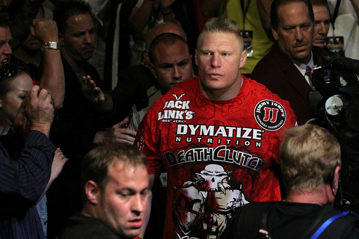 Brock Lesnar enters the arena at UFC 116. UFC President Dana White says Lesnar will probably return "the first of the year." <em>Photo courtesy of <a href="http://www.ufc.com/media/ufc-116-event-photos#i=107" target="new">UFC.com</a></em>