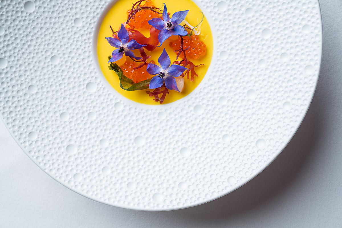 A dish topped with colorful edible flowers in a yellow gel.