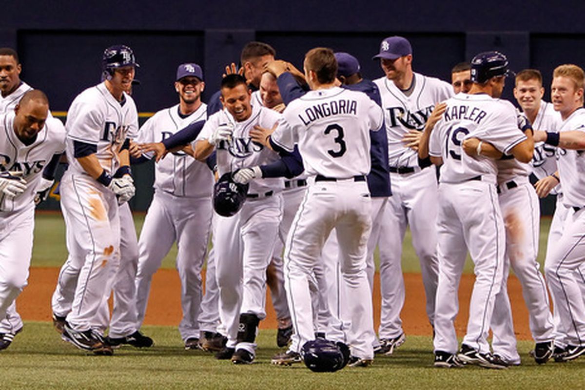 ST. PETERSBURG - MAY 17:  The Tampa Bay Rays celebrate their victory over the the Cleveland Indians at Tropicana Field on May 17, 2010 in St. Petersburg, Florida.  (Photo by J. Meric/Getty Images)