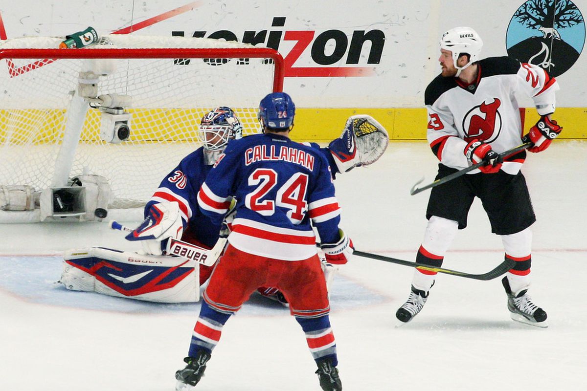 Pictured: David Clarkson's last goal in 2011-12.  It was a deflection that rang off the post and dropped into the net.   (Photo by Bruce Bennett/Getty Images)