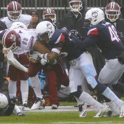 The UMass Minutemen take on the UConn Huskies in a college football game at Pratt & Whitney Stadium at Rentschler Field in East Hartford, CT on October 27, 2018.