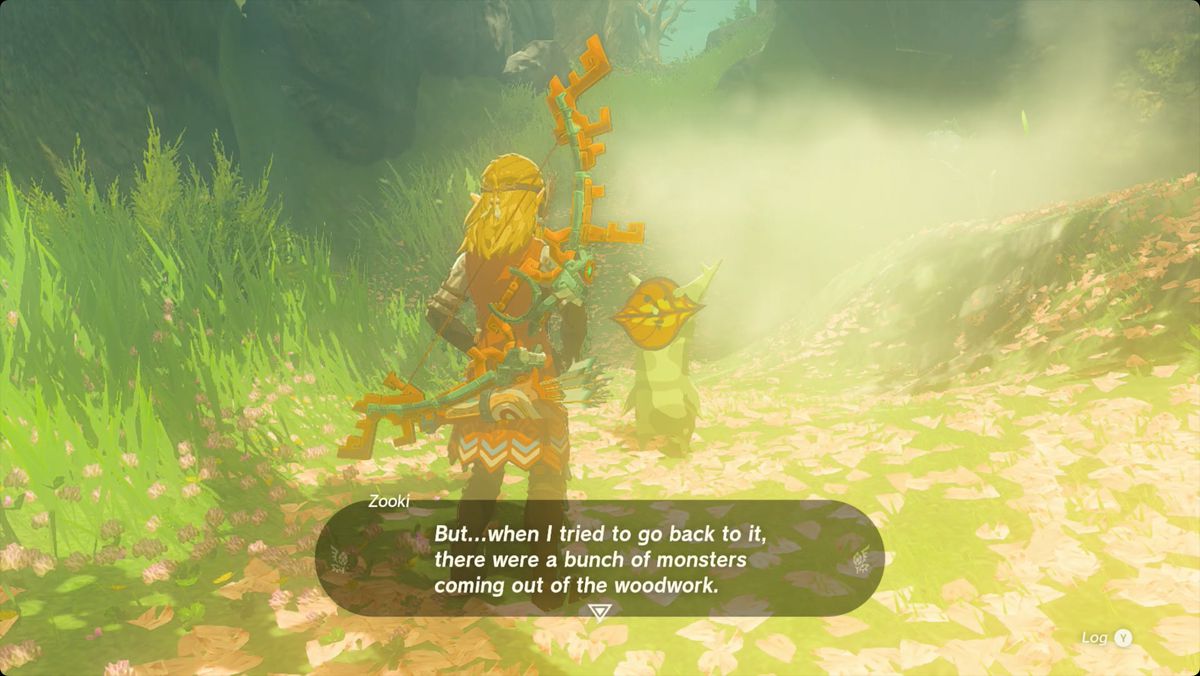 The Legend of Zelda: Tears of the Kingdom Link speaking to Zooki the Korok on the way to Sakunbomar Shrine.