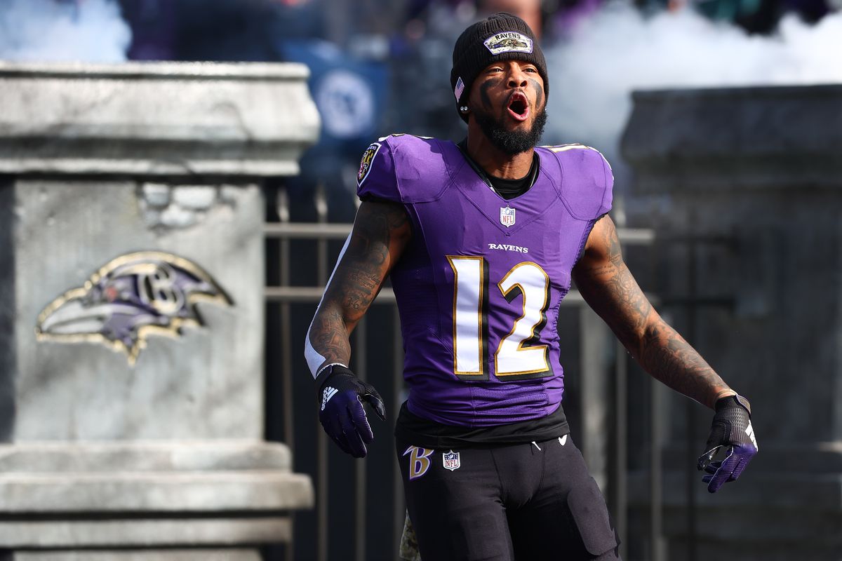 Rashod Bateman #12 of the Baltimore Ravens takes the field prior to the game against the Minnesota Vikings at M&amp;T Bank Stadium on November 07, 2021 in Baltimore, Maryland.