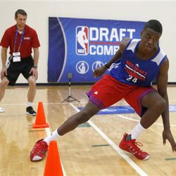 George de Paula, from Brazil, participates in the NBA basketball combine Thursday, May 14, 2015, in Chicago.