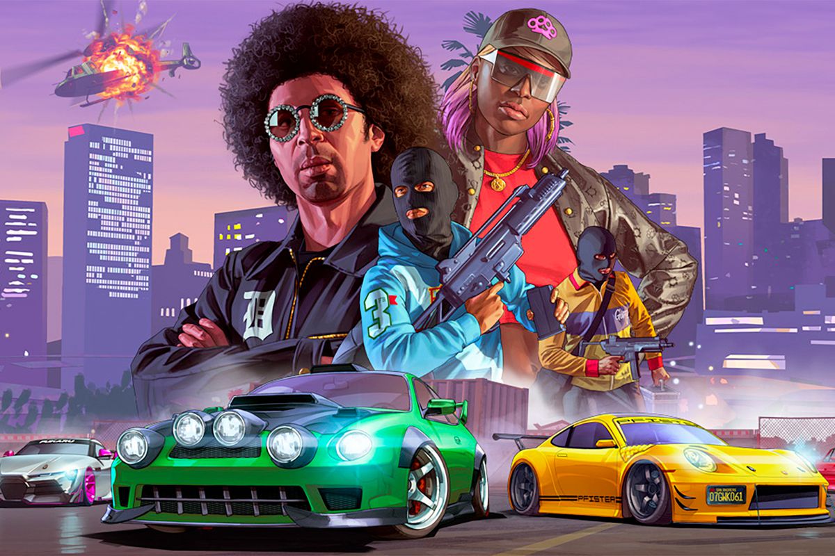 Artwork from Grand Theft Auto Online, featuring illustrations of three NPC characters and a variety of customized street cars against at city backdrop