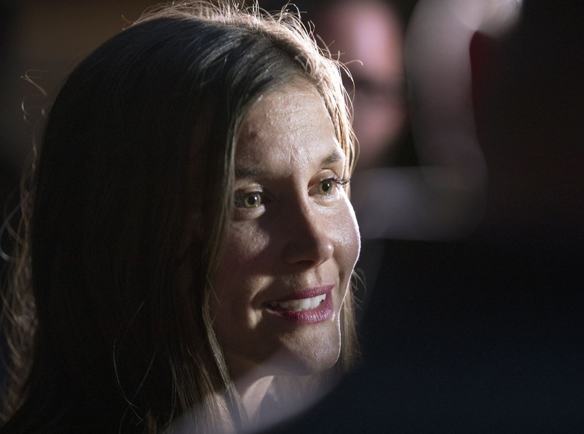 Salt Lake City Councilwoman Erin Mendenhall talks with members of the media during her mayoral primary election night event in Salt Lake City on Tuesday, Aug. 13, 2019.
