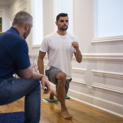Utah Jazz point guard Raul Neto works with physical therapist Fabrice Gautier at his office in Los Angeles on Friday, June 21, 2019.