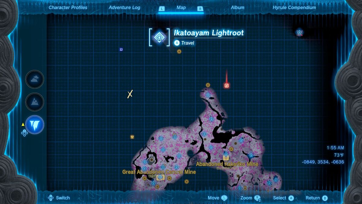 A map shows the location of a lightroot near the Evil Spirit Armor in Zelda Tears of the Kingdom.