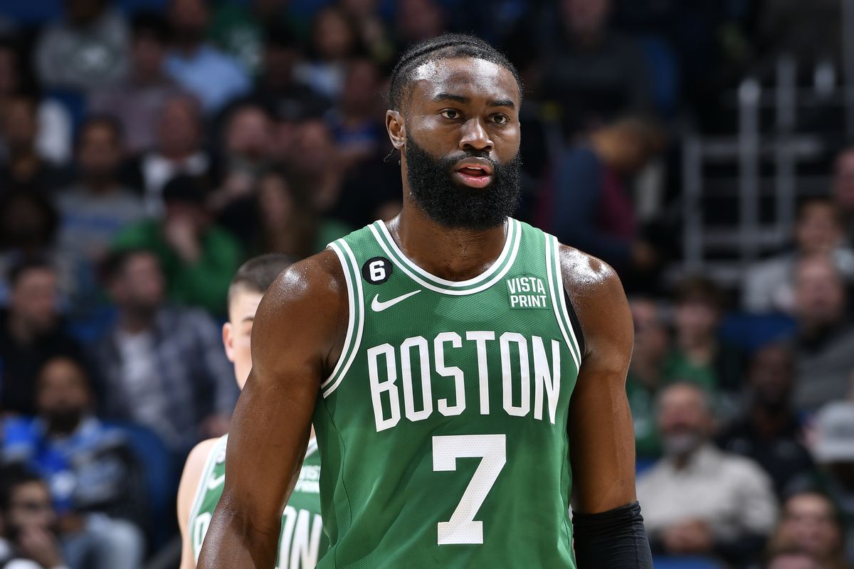 Jaylen Brown of the Boston Celtics looks on during the game against the Orlando Magic on January 23, 2023 at Amway Center in Orlando, Florida.