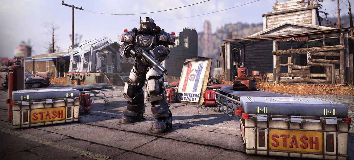 Fallout 76 - The Responders, a helpful in-game faction, represented by a soldier in power armor next to a sign reading “Volunteers wanted!”