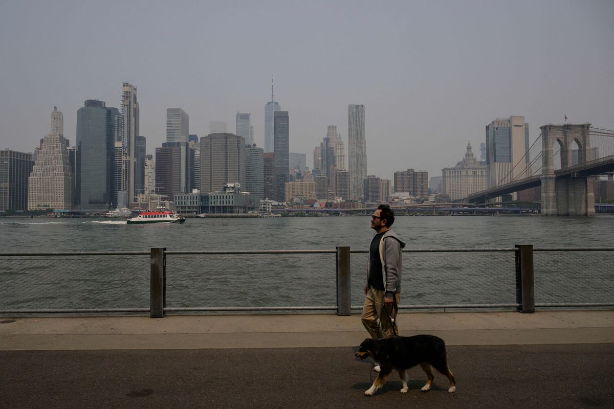 A man walks his dog in front of the skyline of lower Manhattan during heavy smog in New York on June 7, 2023.