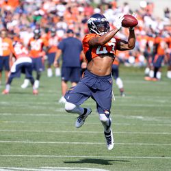 Broncos safety T.J. Ward goes up for the ball