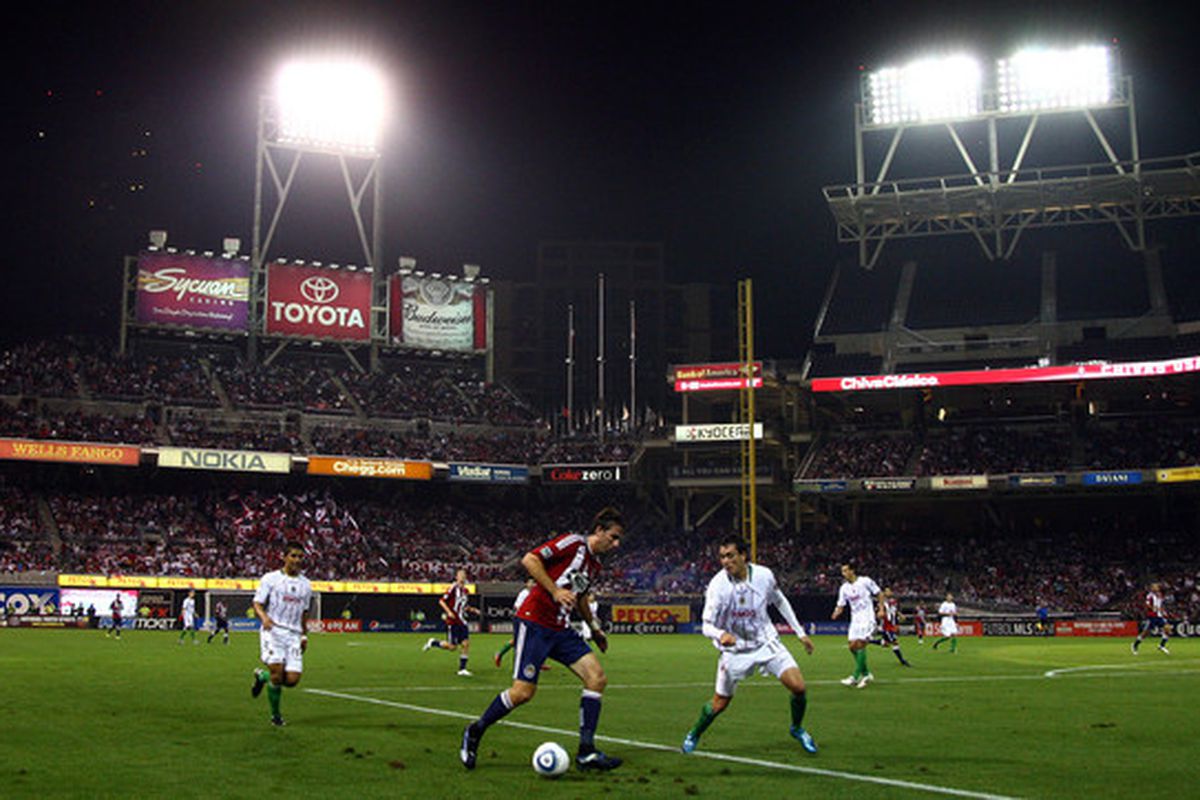 SAN DIEGO CA - SEPTEMBER 14:  A general view of Chivas USA  vs. Chivas Guadalajara during their ChivasClásico soccer match on September 14 2010 at PETCO Park in San Diego California. (Photo by Donald Miralle/Getty Images)