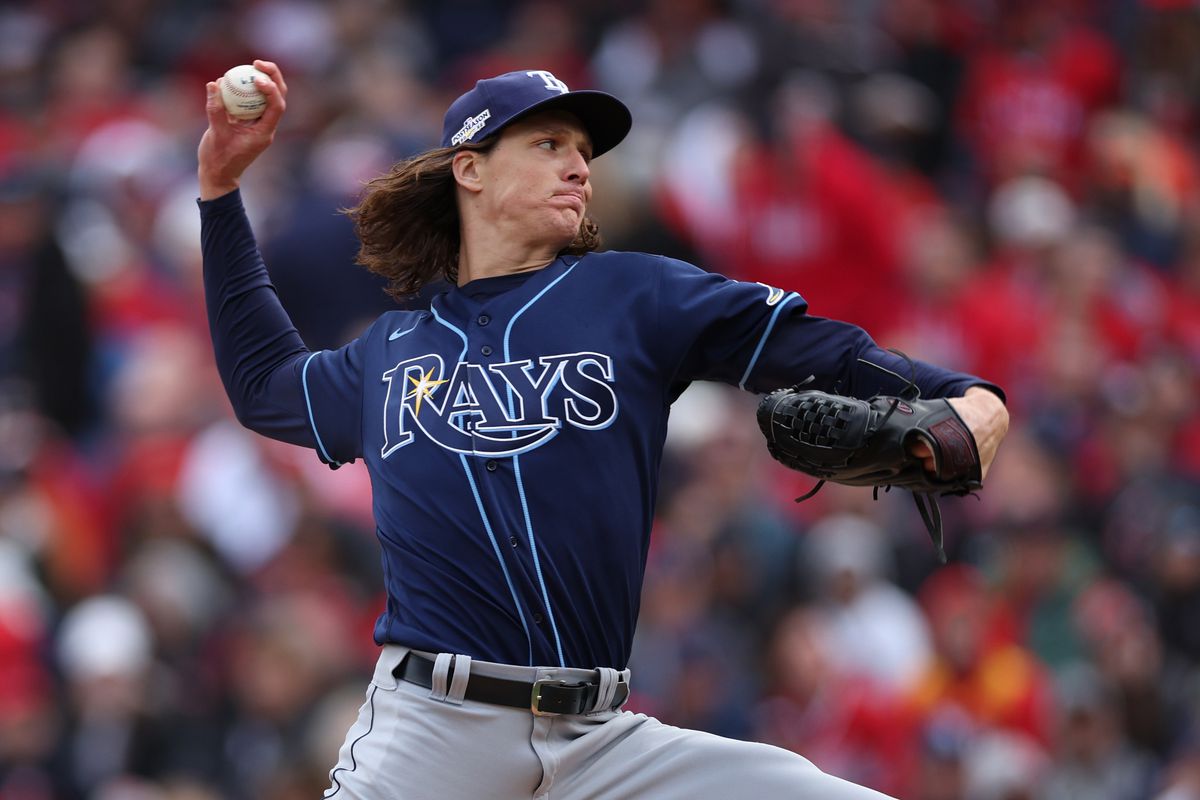 Tyler Glasnow of the Tampa Bay Rays throws a pitch in the first inning against the Cleveland Guardians in game two of the Wild Card Series at Progressive Field on October 08, 2022 in Cleveland, Ohio.