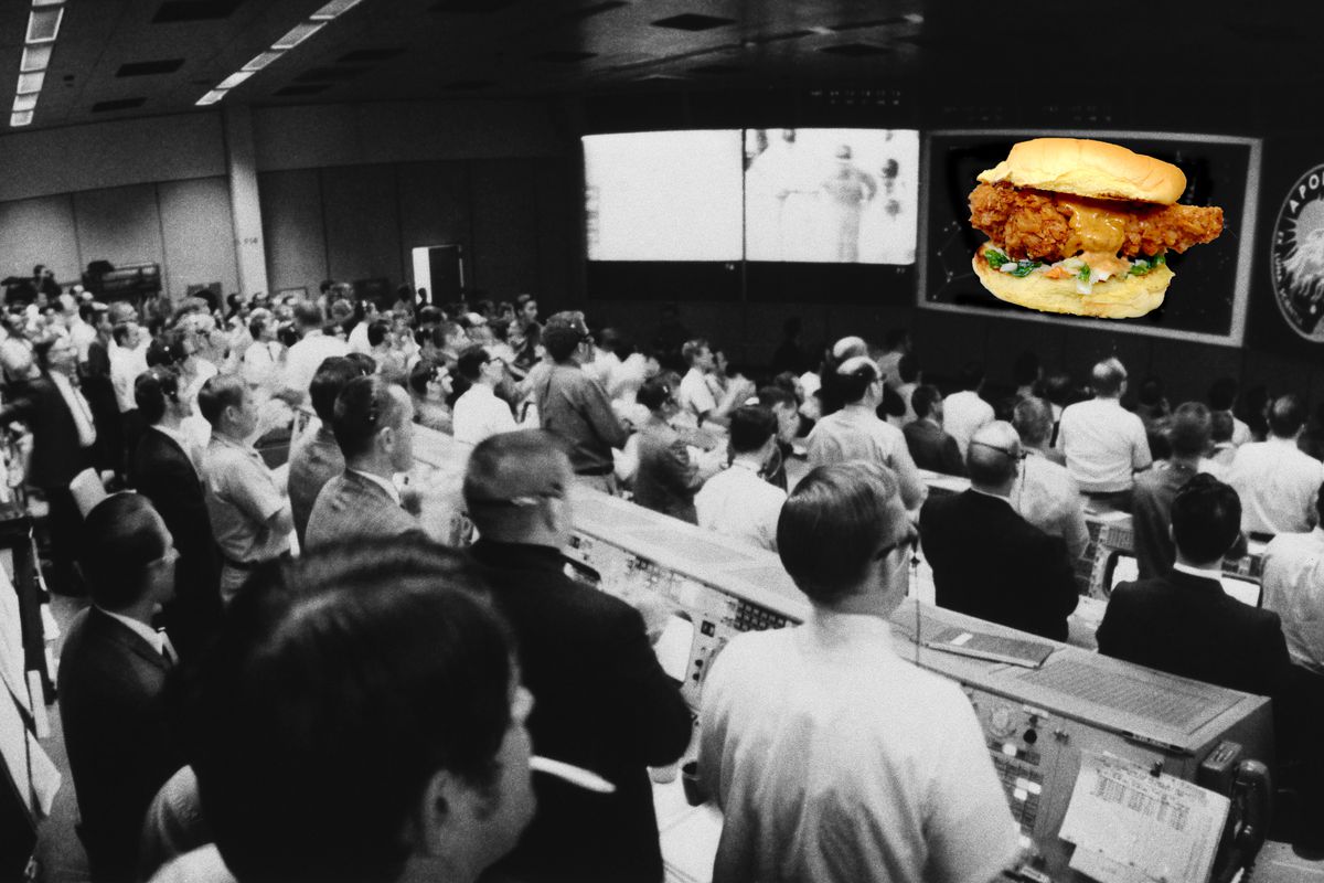 A chicken sandwich appears on the radar of a vintage NASA photo.
